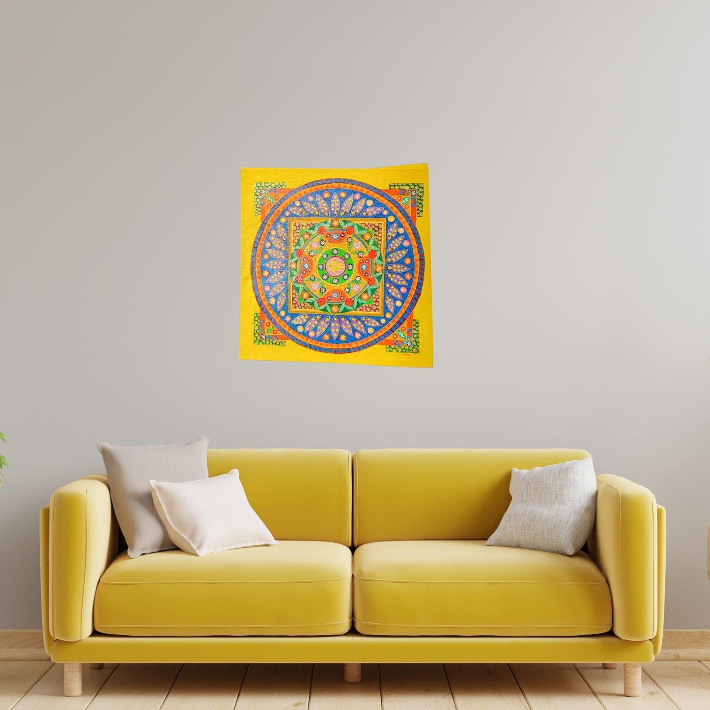 Hamsa Hand Mandala Wall Art Painting Acrylic on Canvas Handmade Sacred Geometry Yellow Balinese Art - Acadia World Traders
