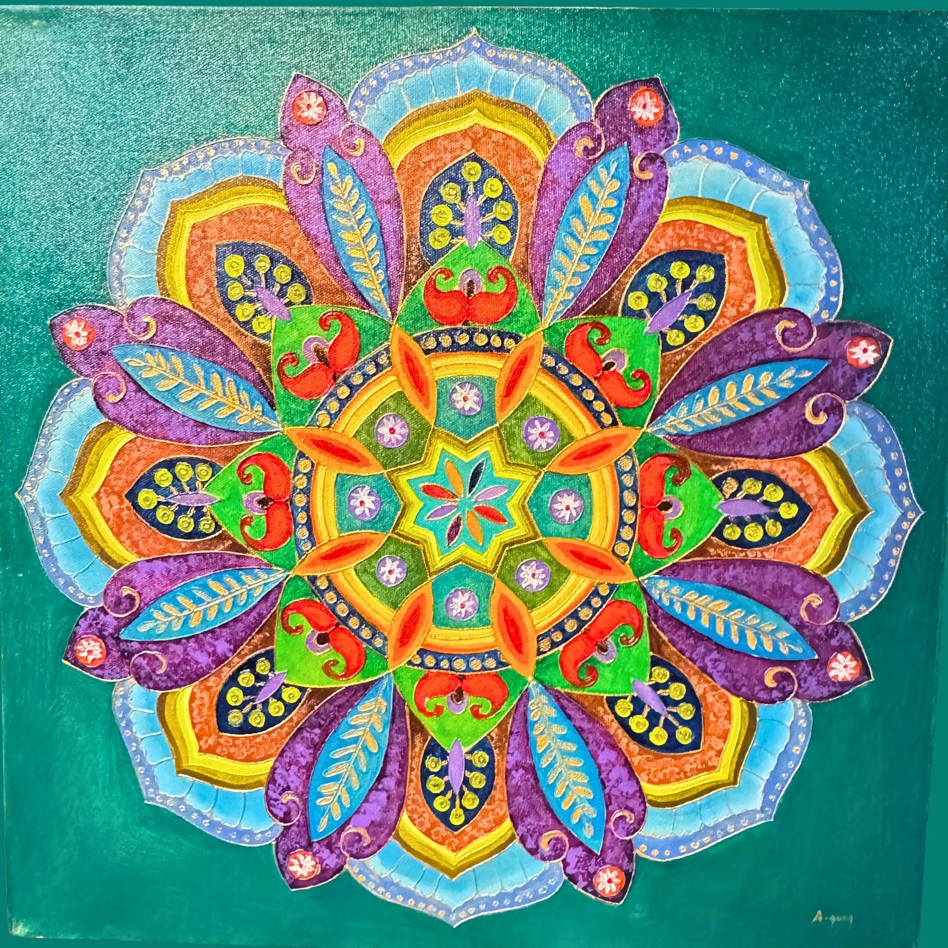 Serene Lotus Mandala Wall Art Painting Acrylic on Canvas  Sacred Geometry Green - Acadia World Traders