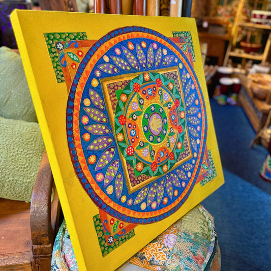 Hamsa Hand Mandala Wall Art Painting Acrylic on Canvas Handmade Sacred Geometry Yellow Balinese Art - Acadia World Traders