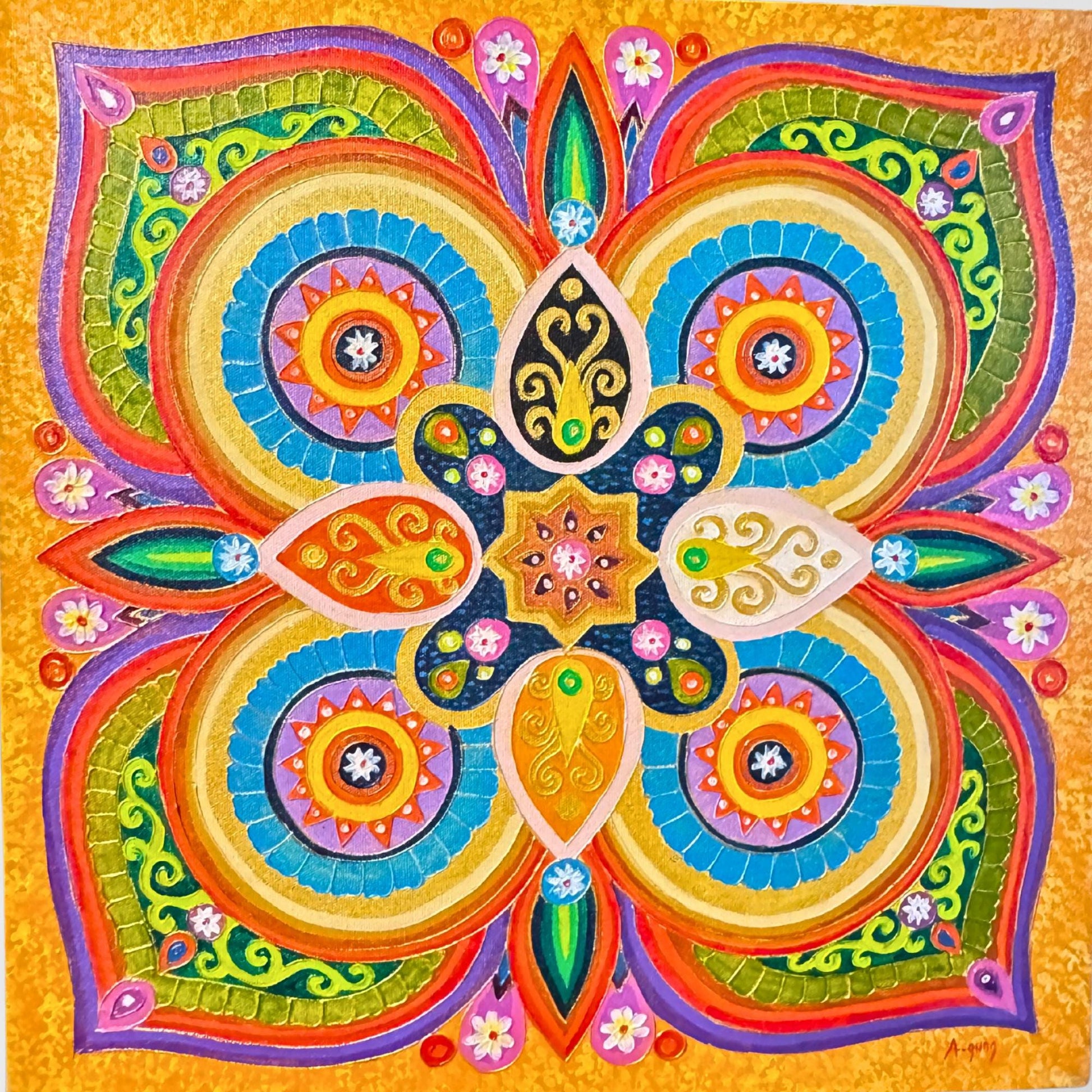 LOTUS Mandala Wall Art Painting Acrylic on Canvas Sacred Geometry Meditation Bali Art ORANGE Balinese Artist - Acadia World Traders