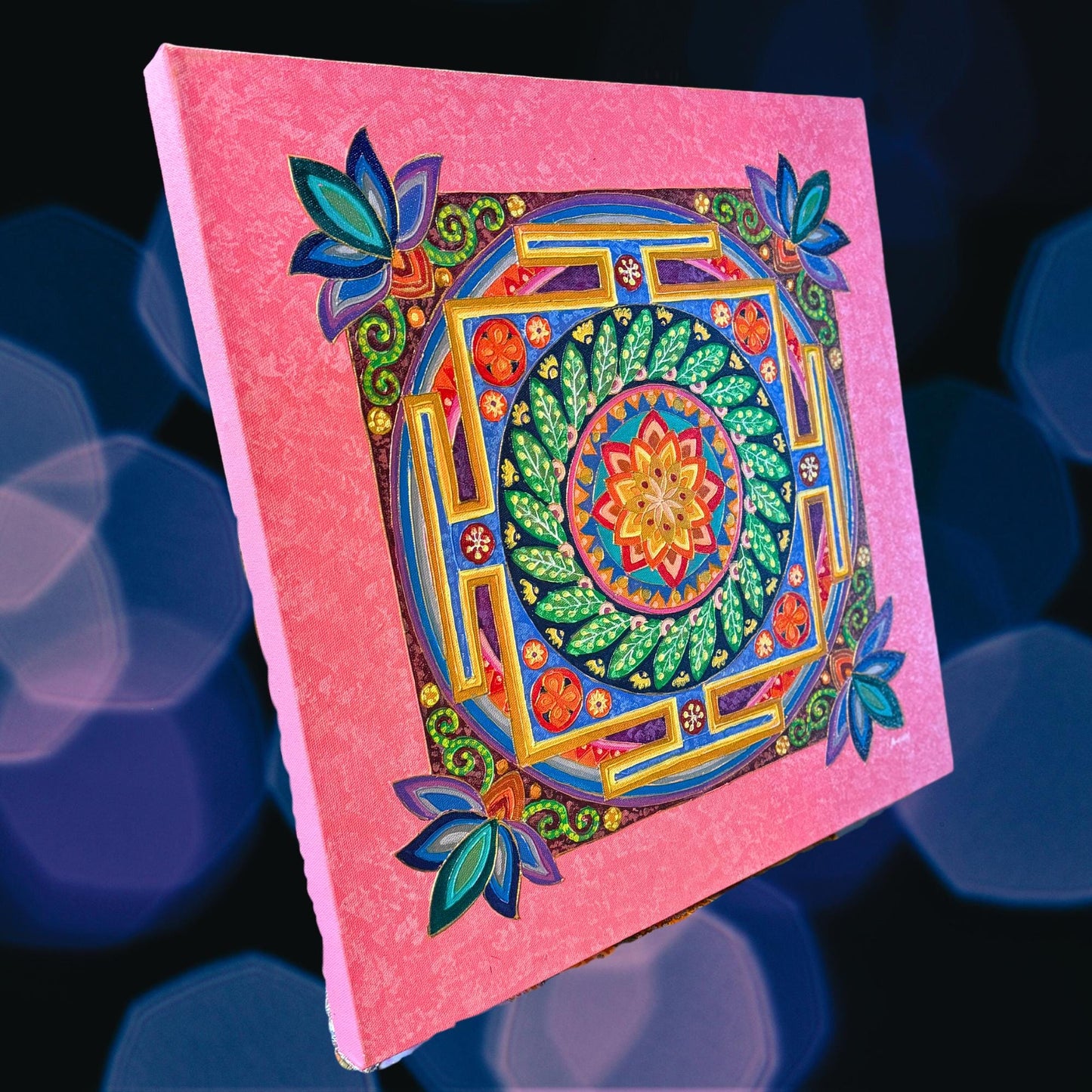 Lotus Mandala Painting Hand Painted  Acrylic on Canvas Wall Art Sacred Geometry Balinese Artist Painting Pink - Acadia World Traders