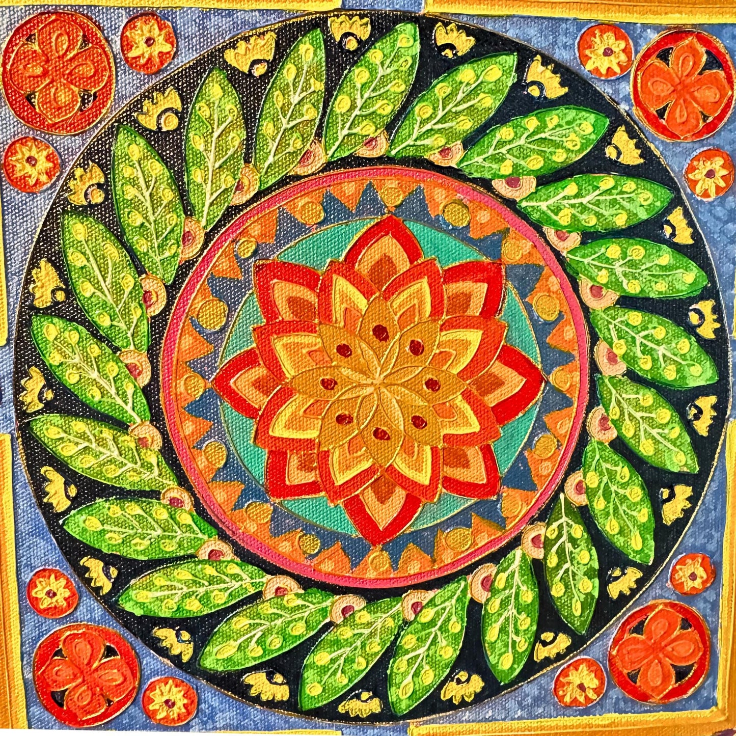 Lotus Mandala Painting: Hand Painted Balinese Acrylic Canvas Wall Art