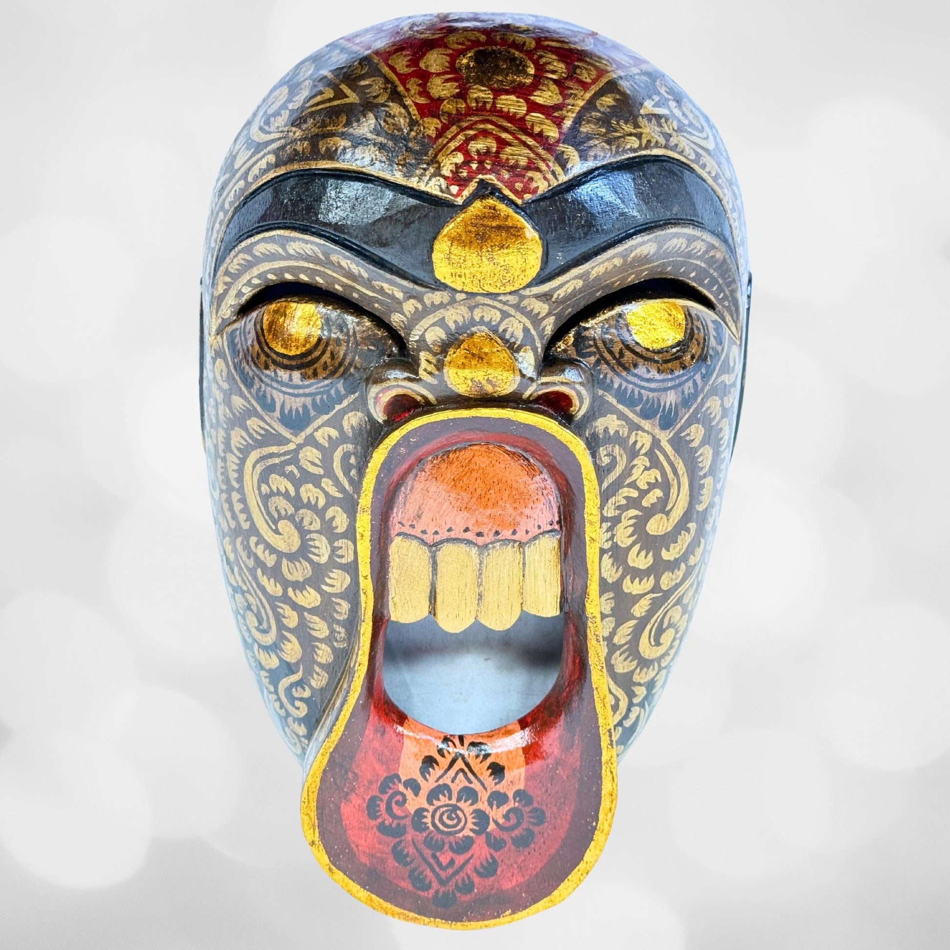 Balinese Bondres Mask Demon SCREAMING Tattoo Face Bali Folk Art Wall Decor Hand carved wood Carving - Acadia World Traders