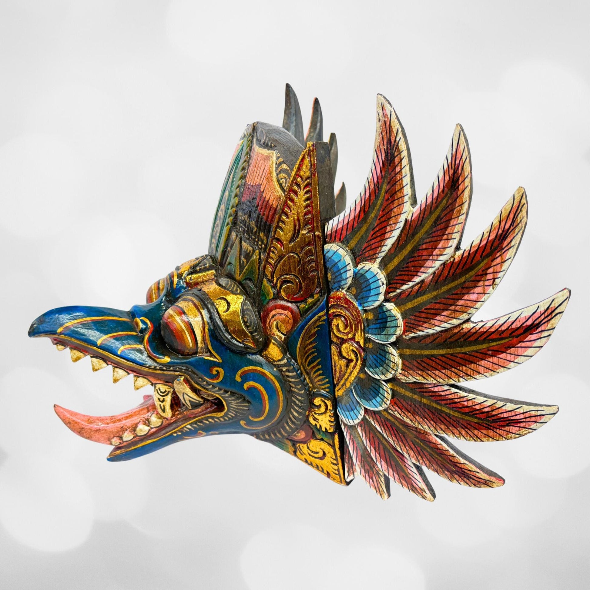 Balinese Garuda Mask Mythical Eagle Mount of Vishnu Protector Wall Decor Hand Carved Wood Carving Bali Folk Art Indonesian Teal - Acadia World Traders