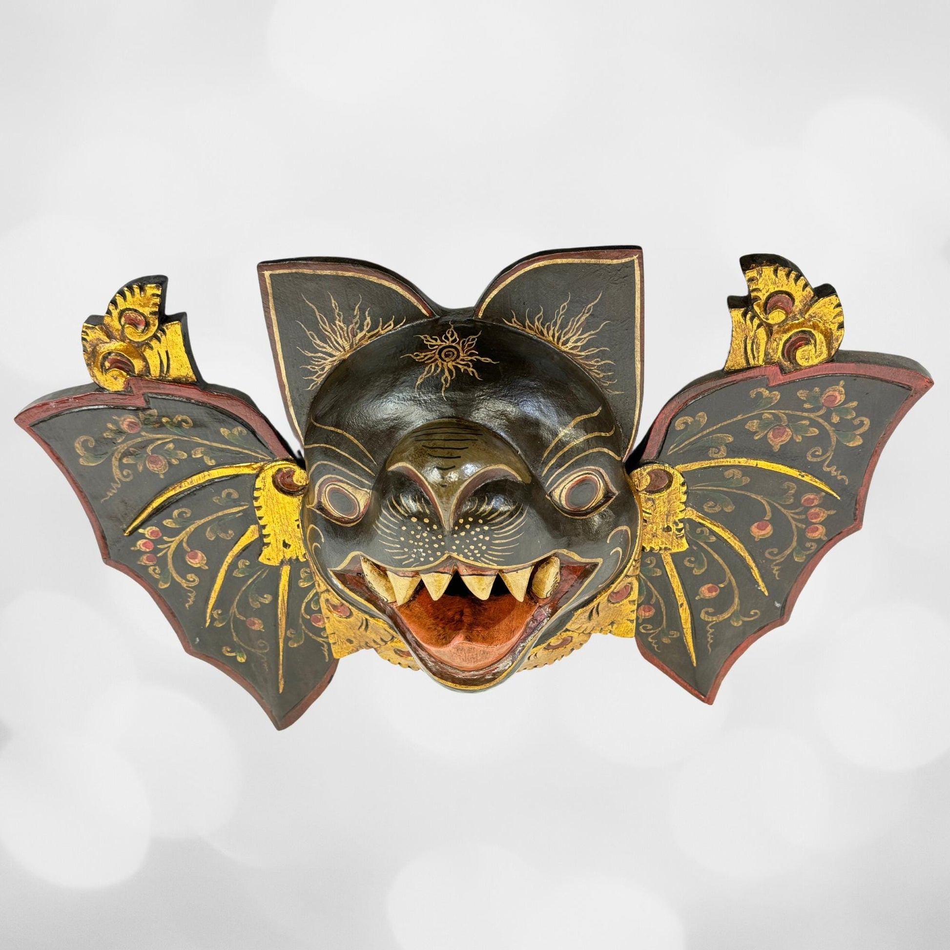 Balinese Mask Winged Black Bat Mask Bali hand carved wood Wall art Gothic Decor Balinese Folk Art Sacred Bat - Acadia World Traders