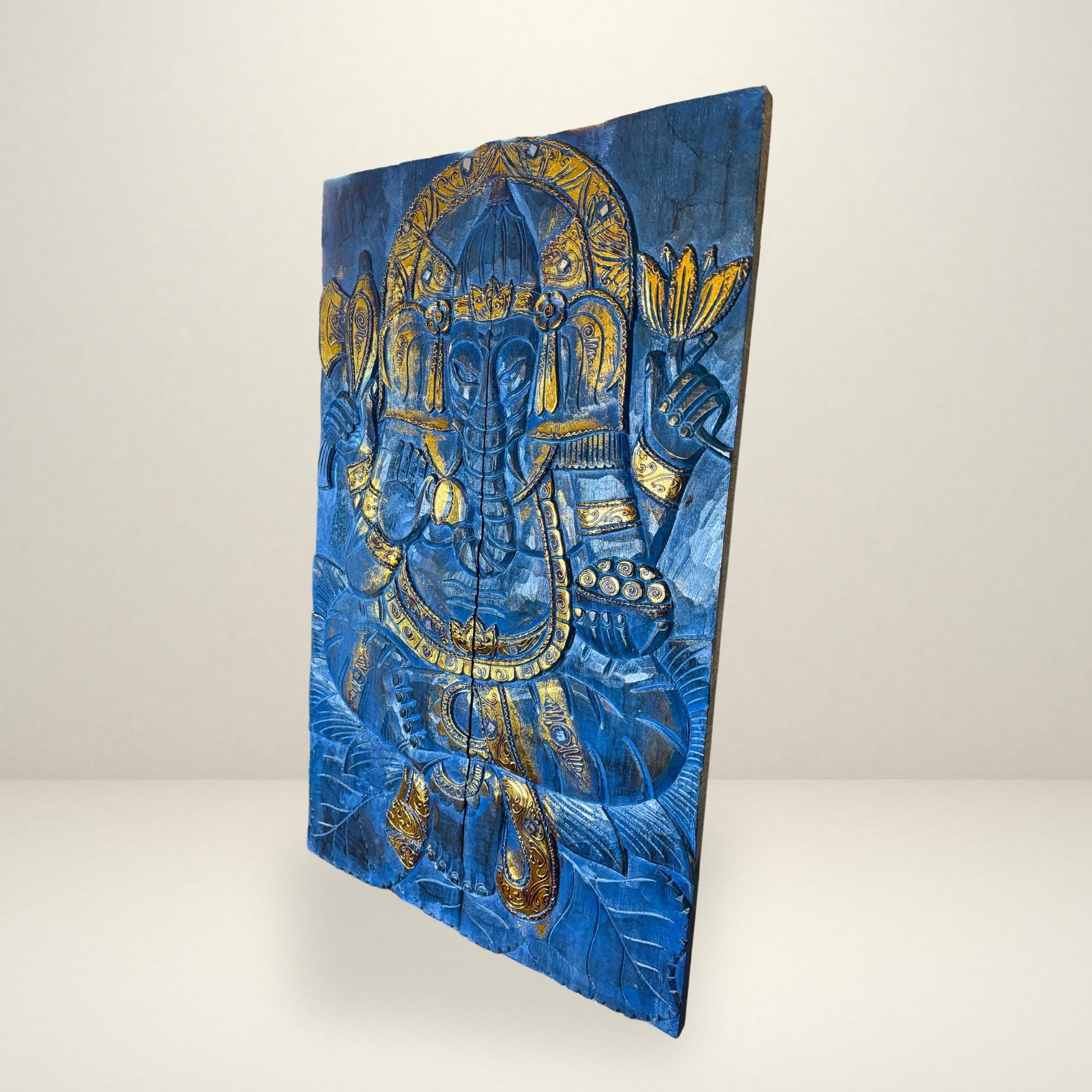 Ganesha Elephant God Hand Carved Wooden Panel Wall Art Folding Screen Wood Carving Balinese  Eclectic Asian Style Boho Decor Gold Blue Gold - Acadia World Traders