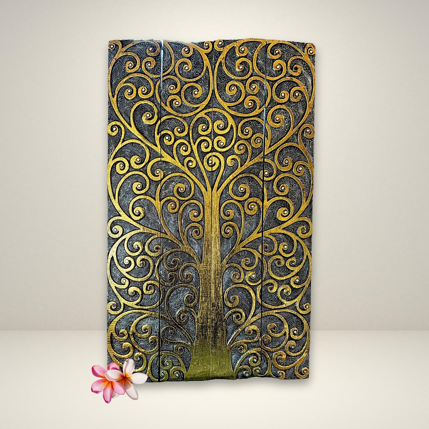 Hand Carved Wood Tree of Life Wall Art Panel, Balinese Handicraft Gold & Silver Leaf