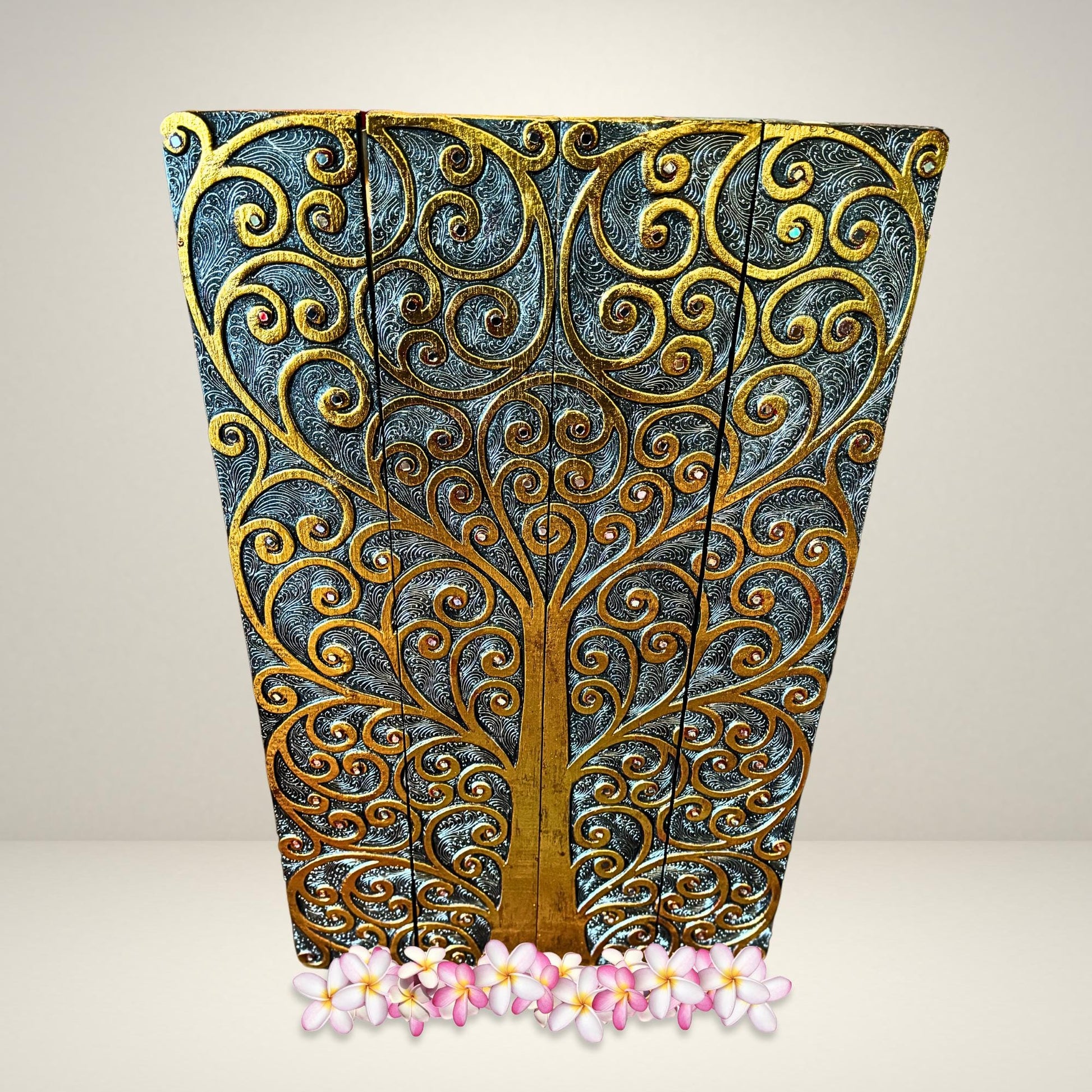 Tree Of Life Hand Carved Wooden Panel Wall Art Folding Screen Wood Carving Balinese  Eclectic Asian Style Boho Decor Silver Gold - Acadia World Traders