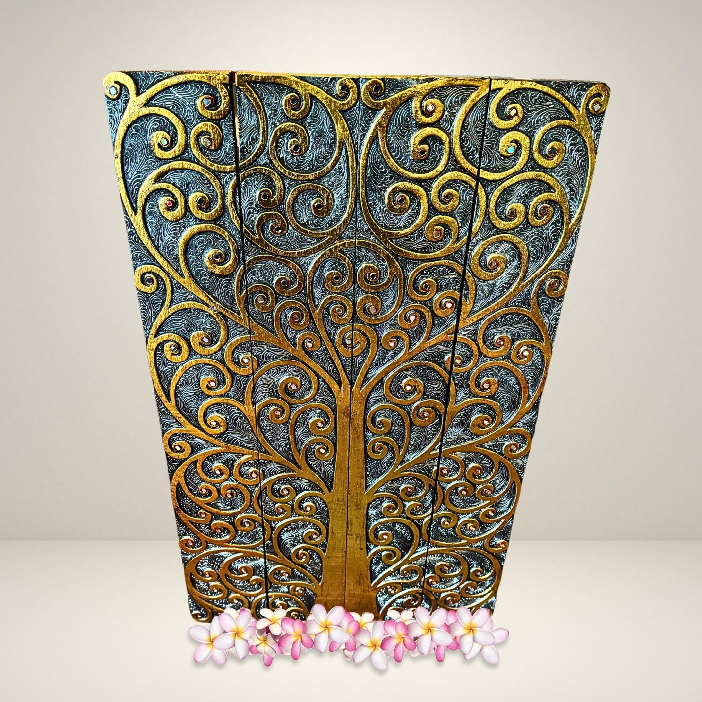 Hand Carved Wood Tree of Life Wall Art Panel, Balinese Handicraft Gold & Silver Leaf