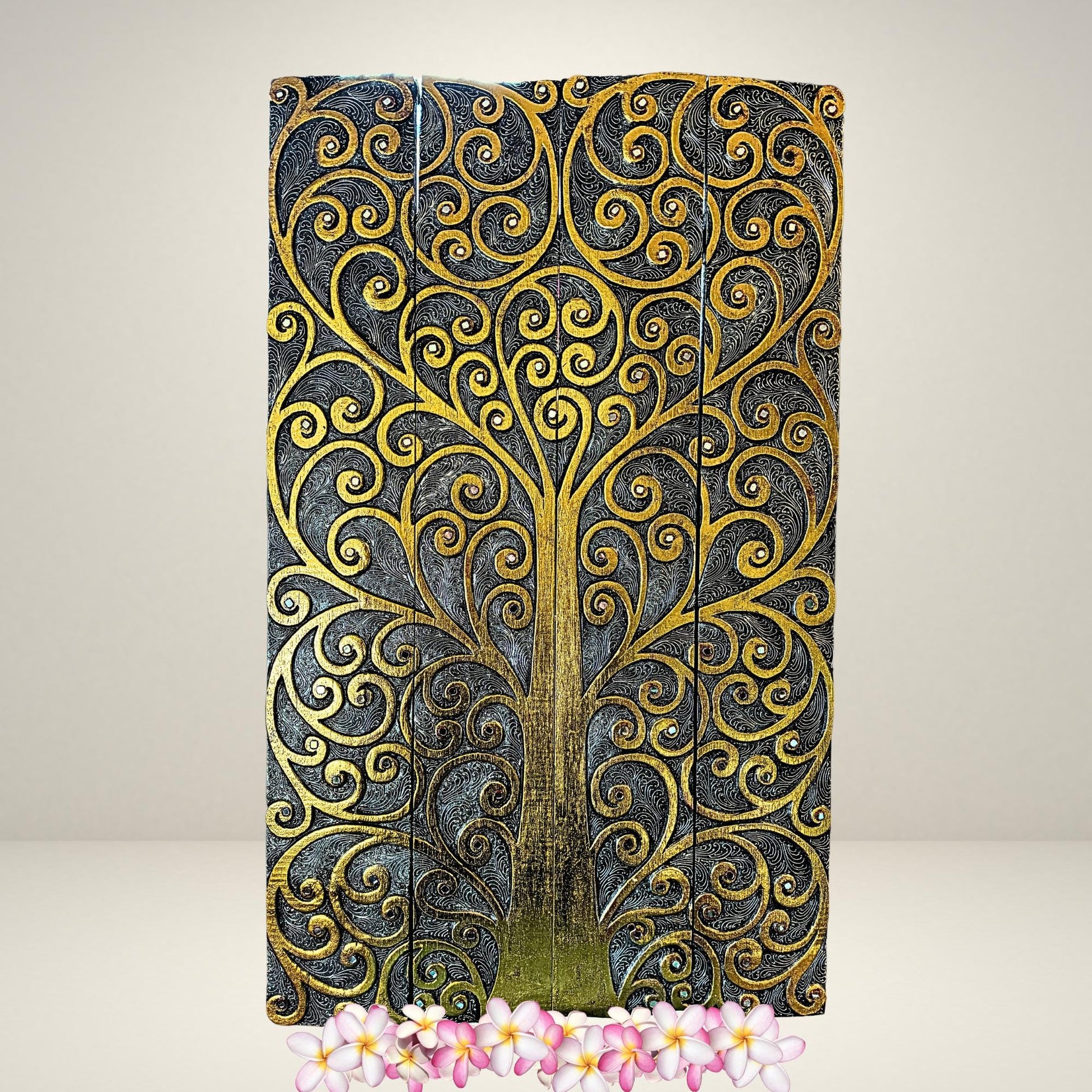 Tree Of Life Hand Carved Wooden Panel Wall Art Folding Screen Wood Carving Balinese  Eclectic Asian Style Boho Decor Silver Gold - Acadia World Traders