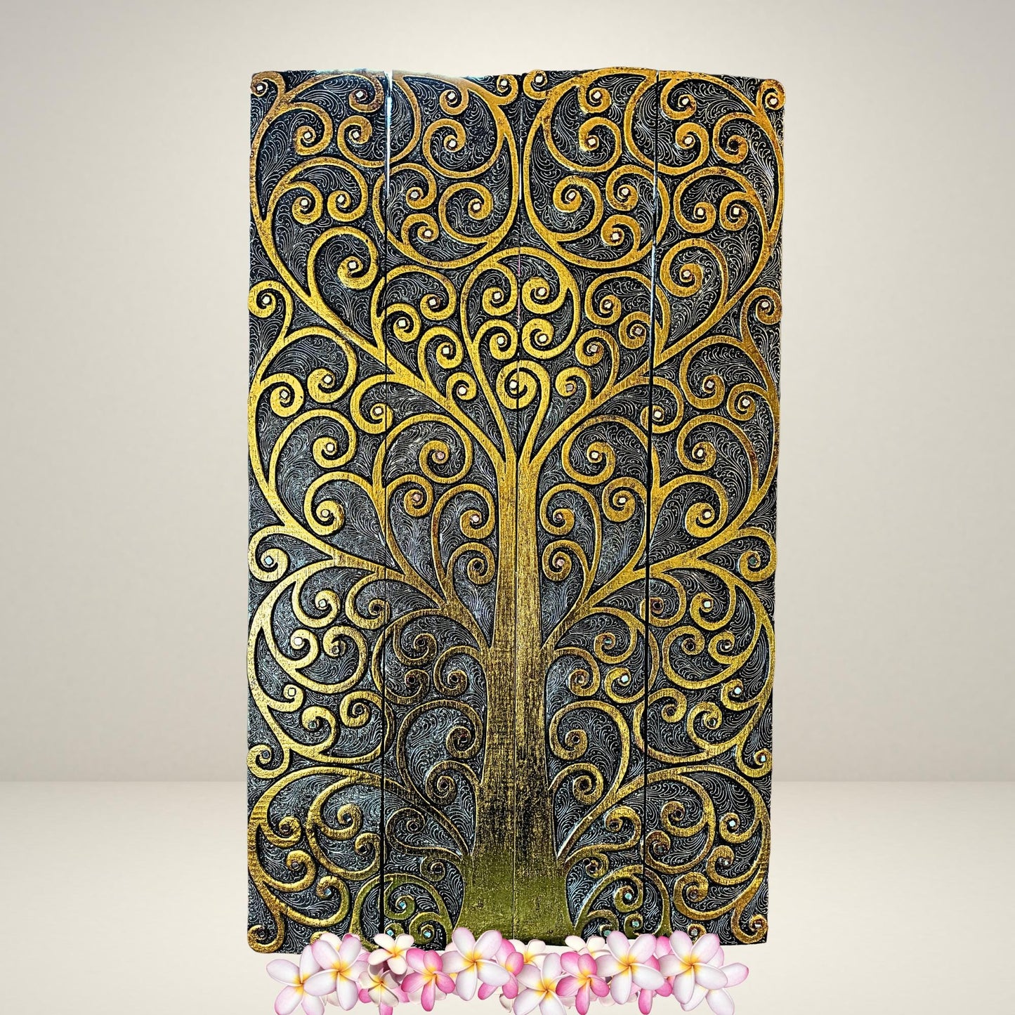 Hand Carved Wood Tree of Life Wall Art Panel, Balinese Handicraft Gold & Silver Leaf