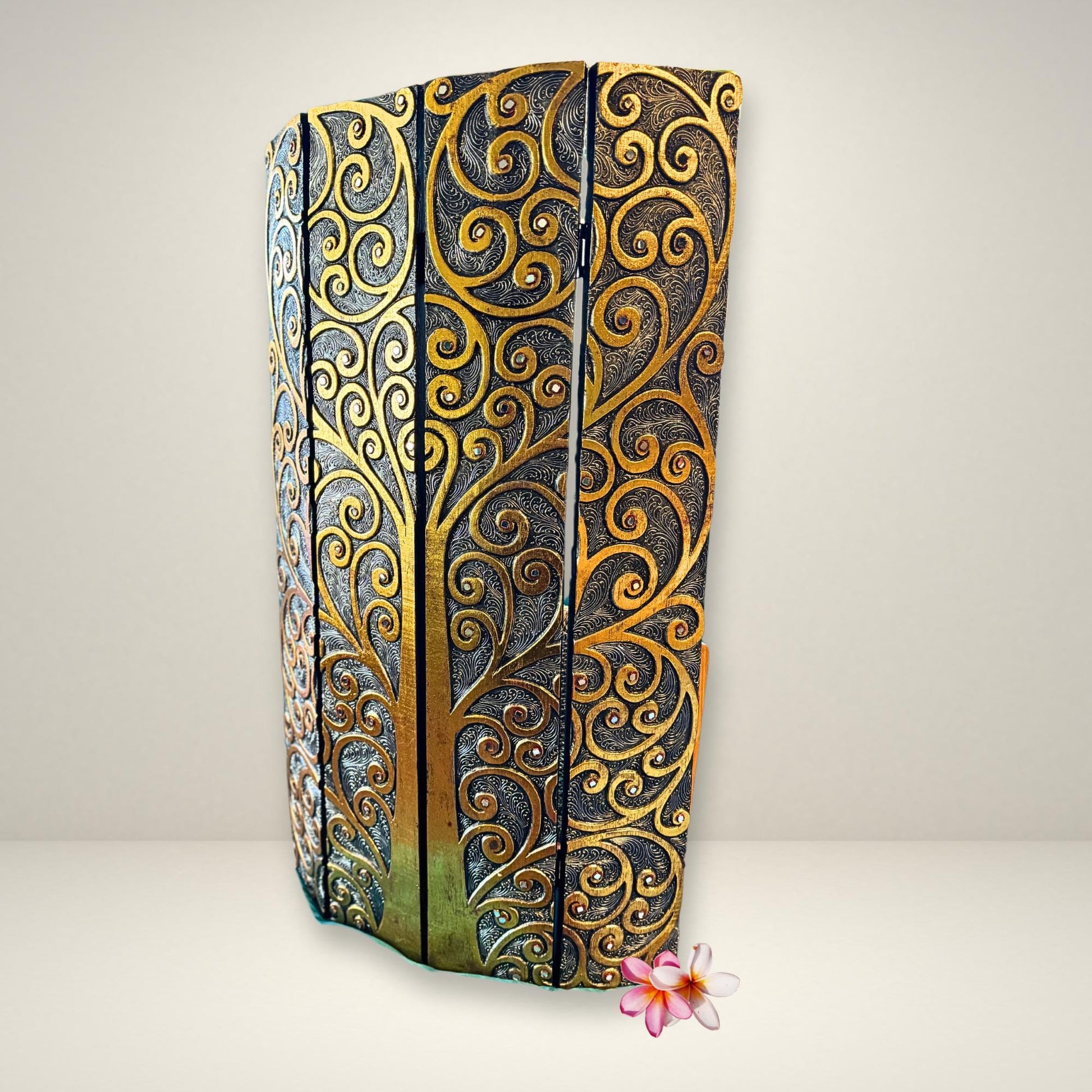 Tree Of Life Hand Carved Wooden Panel Wall Art Folding Screen Wood Carving Balinese  Eclectic Asian Style Boho Decor Silver Gold - Acadia World Traders