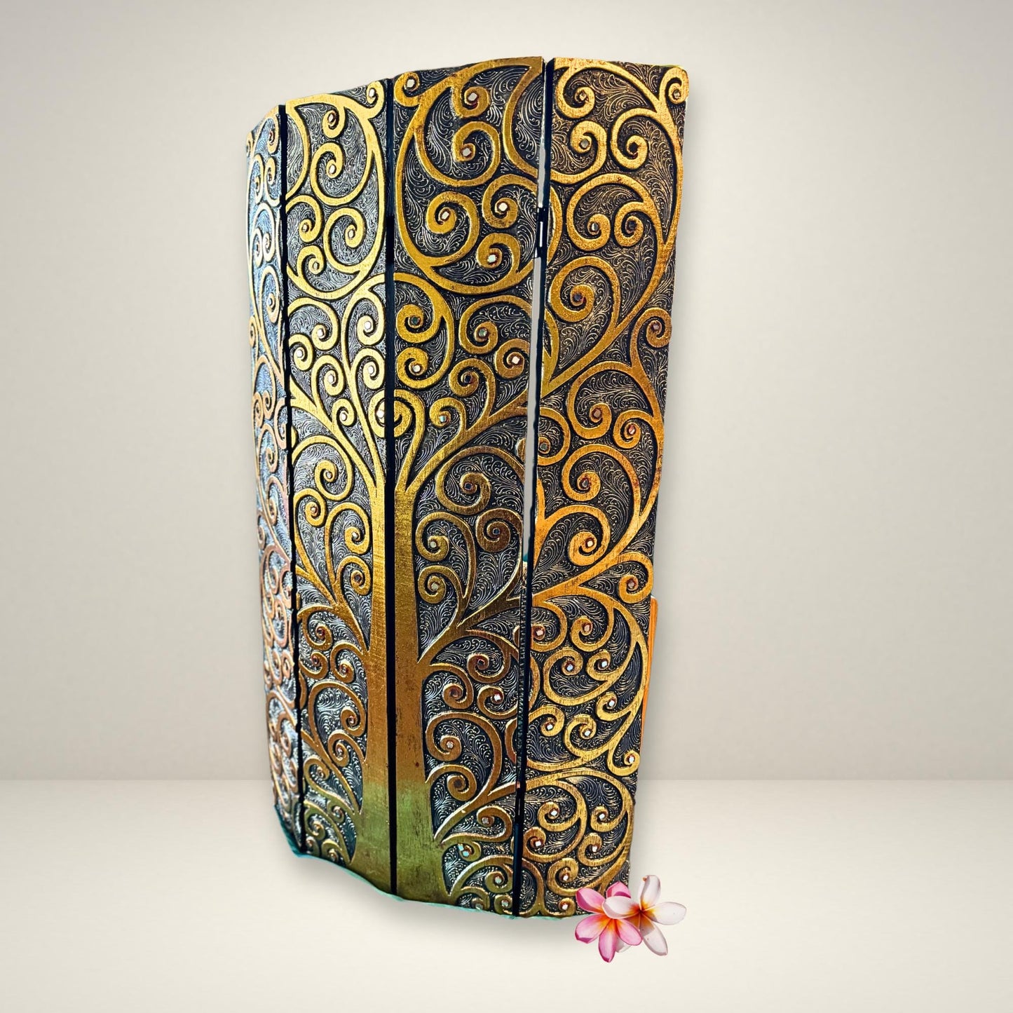 Hand Carved Wood Tree of Life Wall Art Panel, Balinese Handicraft Gold & Silver Leaf