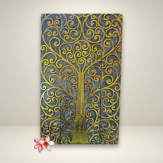 Hand Carved Wood Tree of Life Wall Art Panel, Balinese Handicraft Gold & Silver Leaf