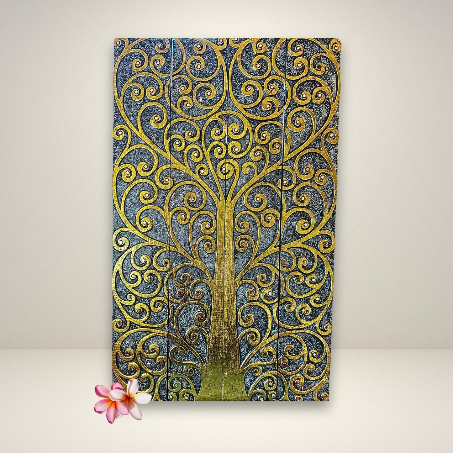Hand Carved Wood Tree of Life Wall Art Panel, Balinese Handicraft Gold & Silver Leaf