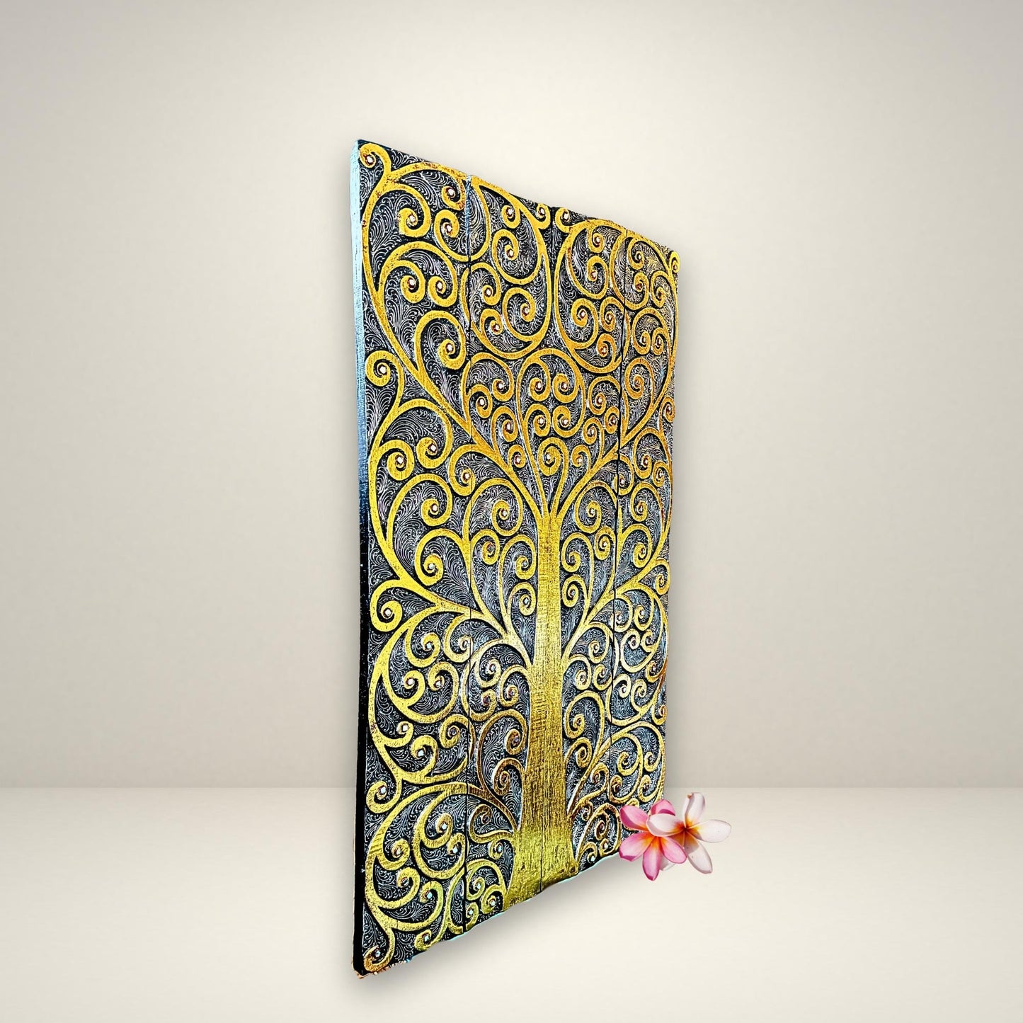 Hand Carved Wood Tree of Life Wall Art Panel, Balinese Handicraft Gold & Silver Leaf