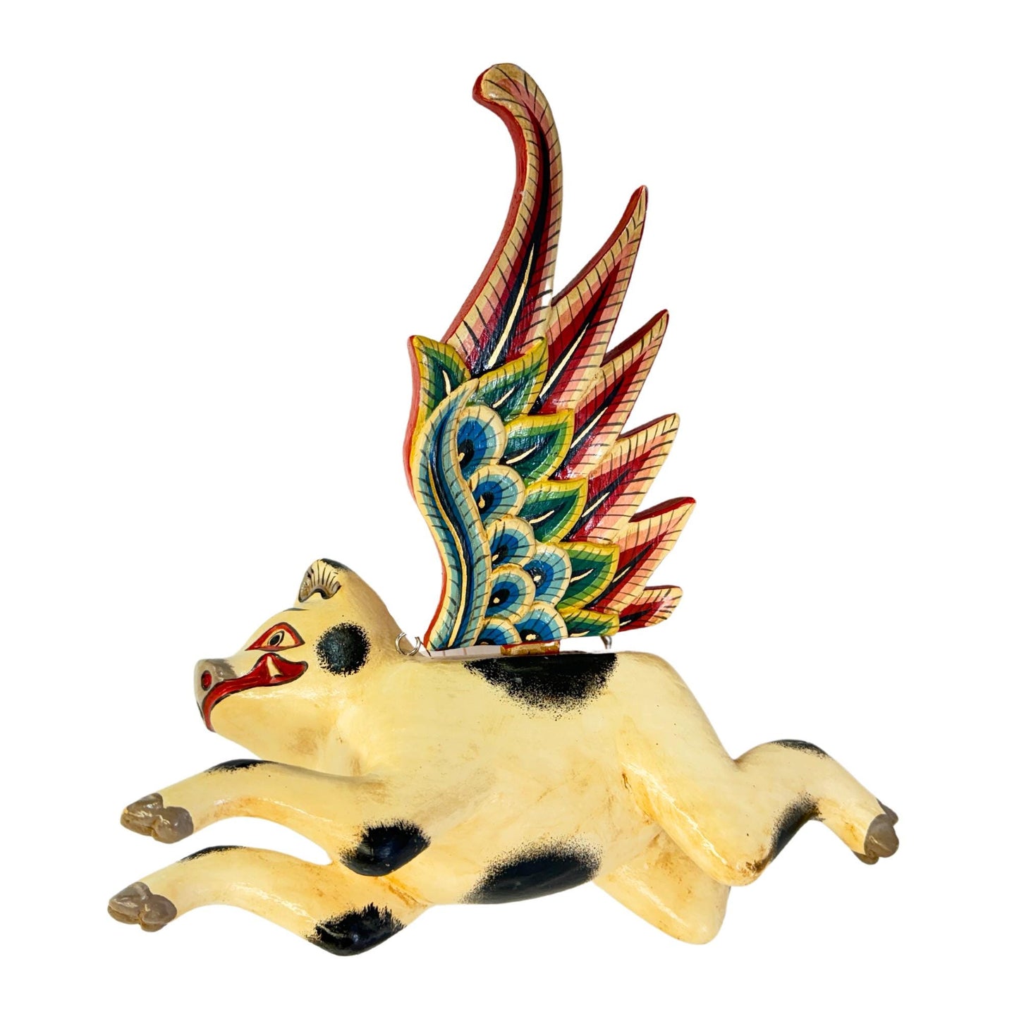 Balinese Flying Pig Mobile, Hand Carved Wood Spiritchaser, Bali Folk art