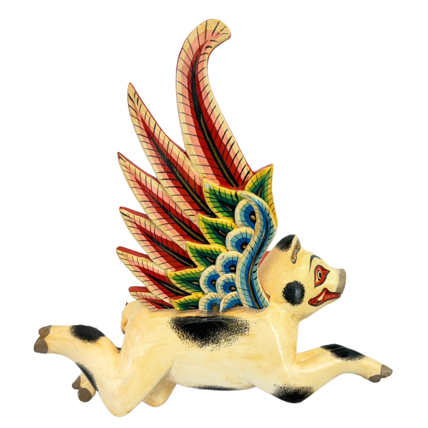 Balinese Flying Pig Mobile, Hand Carved Wood Spiritchaser, Bali Folk art