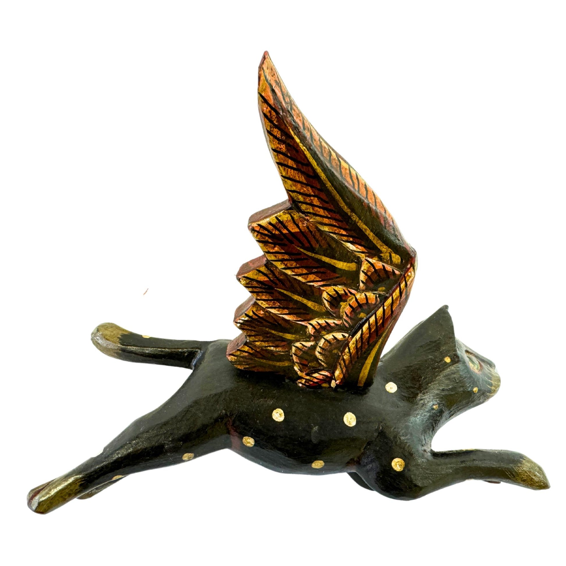 Winged Black Cat Mobile Flying Demon Chaser Carved Wood Balinese Folk Art - Acadia World Traders