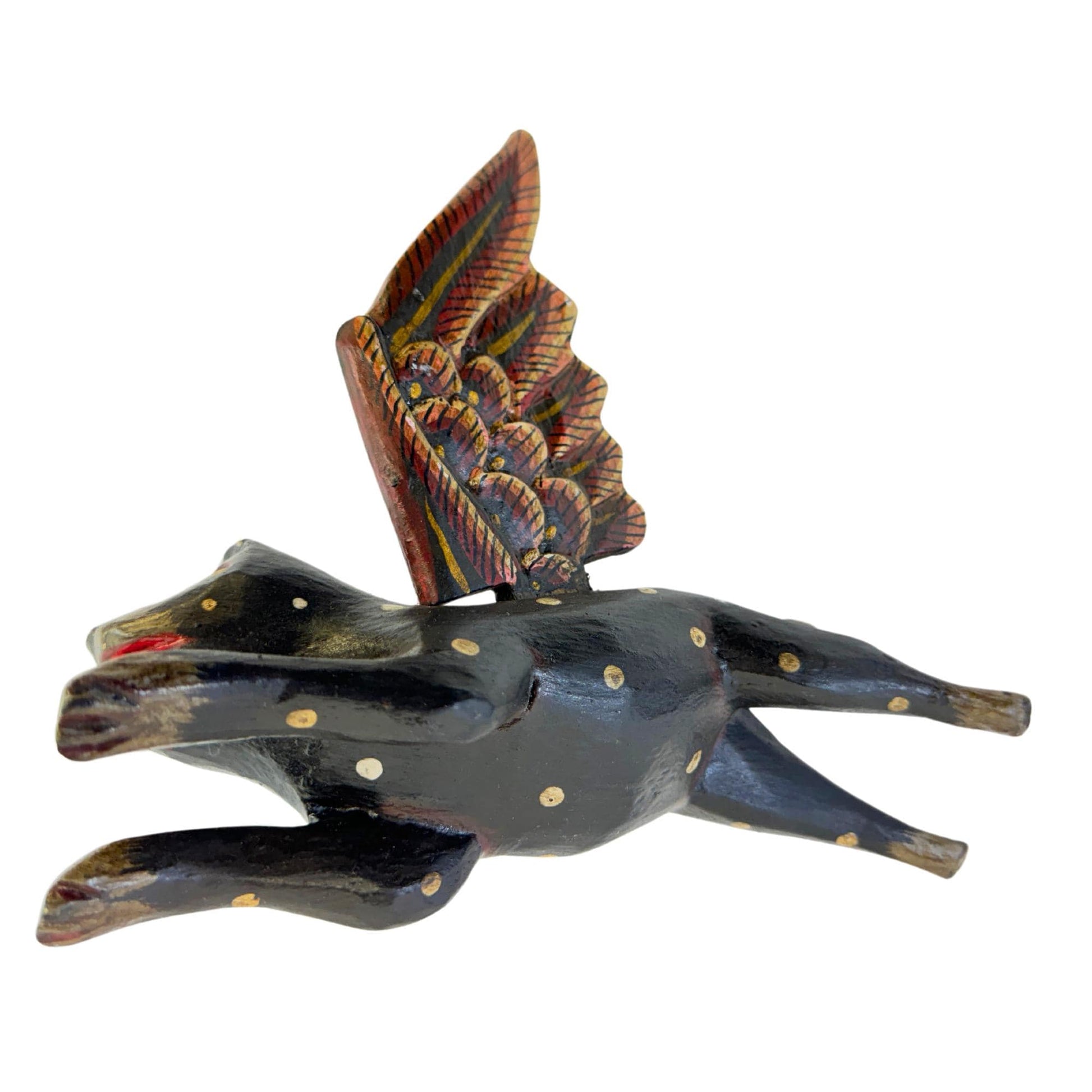 Winged Black Cat Mobile Flying Demon Chaser Carved Wood Balinese Folk Art - Acadia World Traders