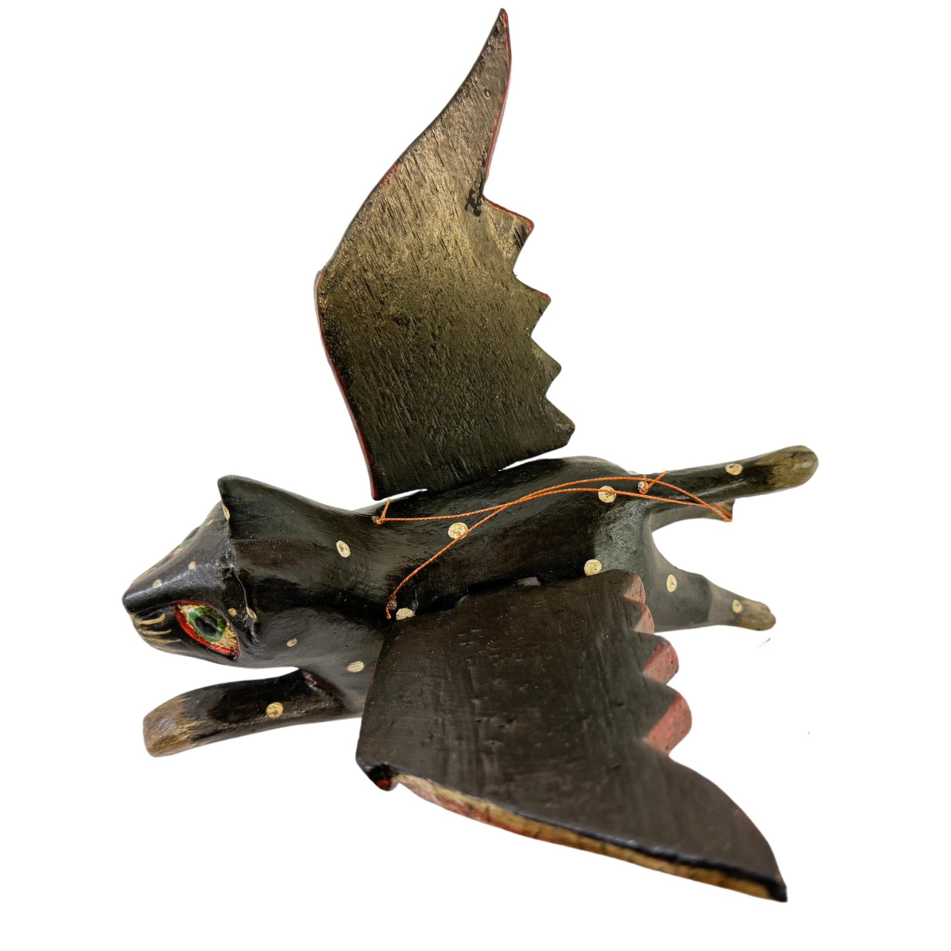 Winged Black Cat Mobile Flying Demon Chaser Carved Wood Balinese Folk Art - Acadia World Traders