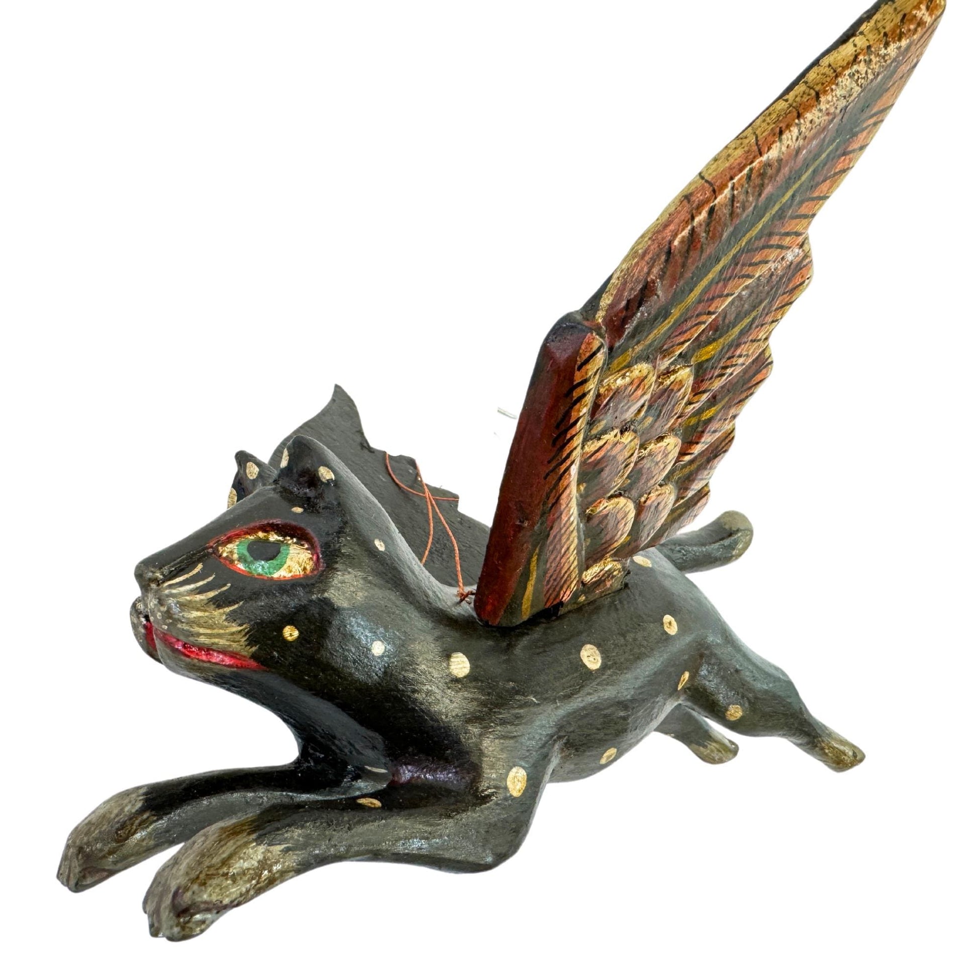 Winged Black Cat Mobile Flying Demon Chaser Carved Wood Balinese Folk Art - Acadia World Traders