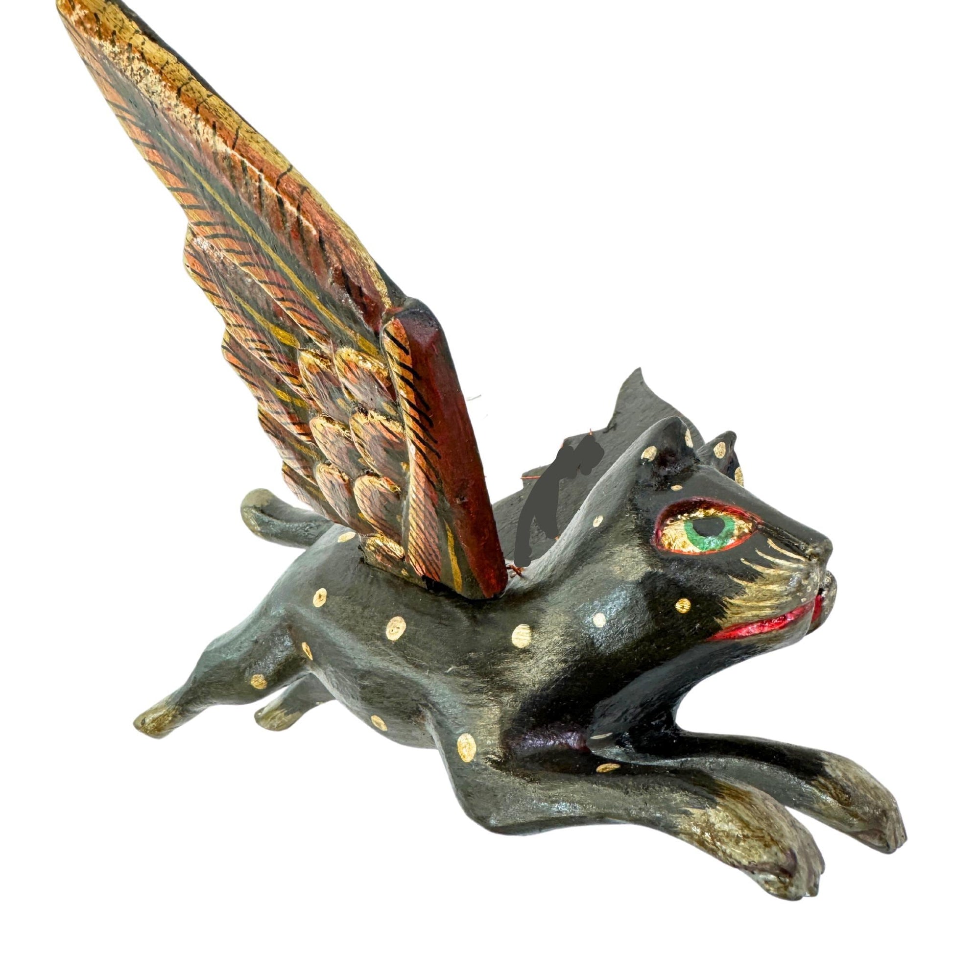 Winged Black Cat Mobile Flying Demon Chaser Carved Wood Balinese Folk Art - Acadia World Traders