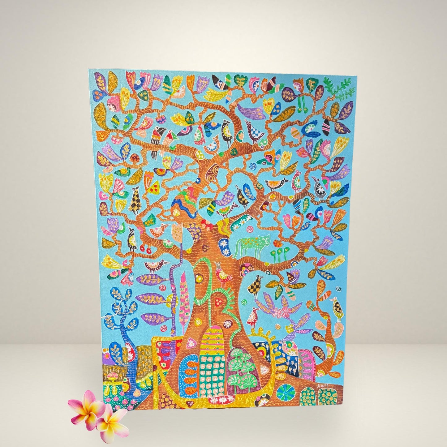 Tree of Life Fine art Painting acrylic on Canvas signed Agung Bali Wall Art Bohemian  Decor Blue - Acadia World Traders