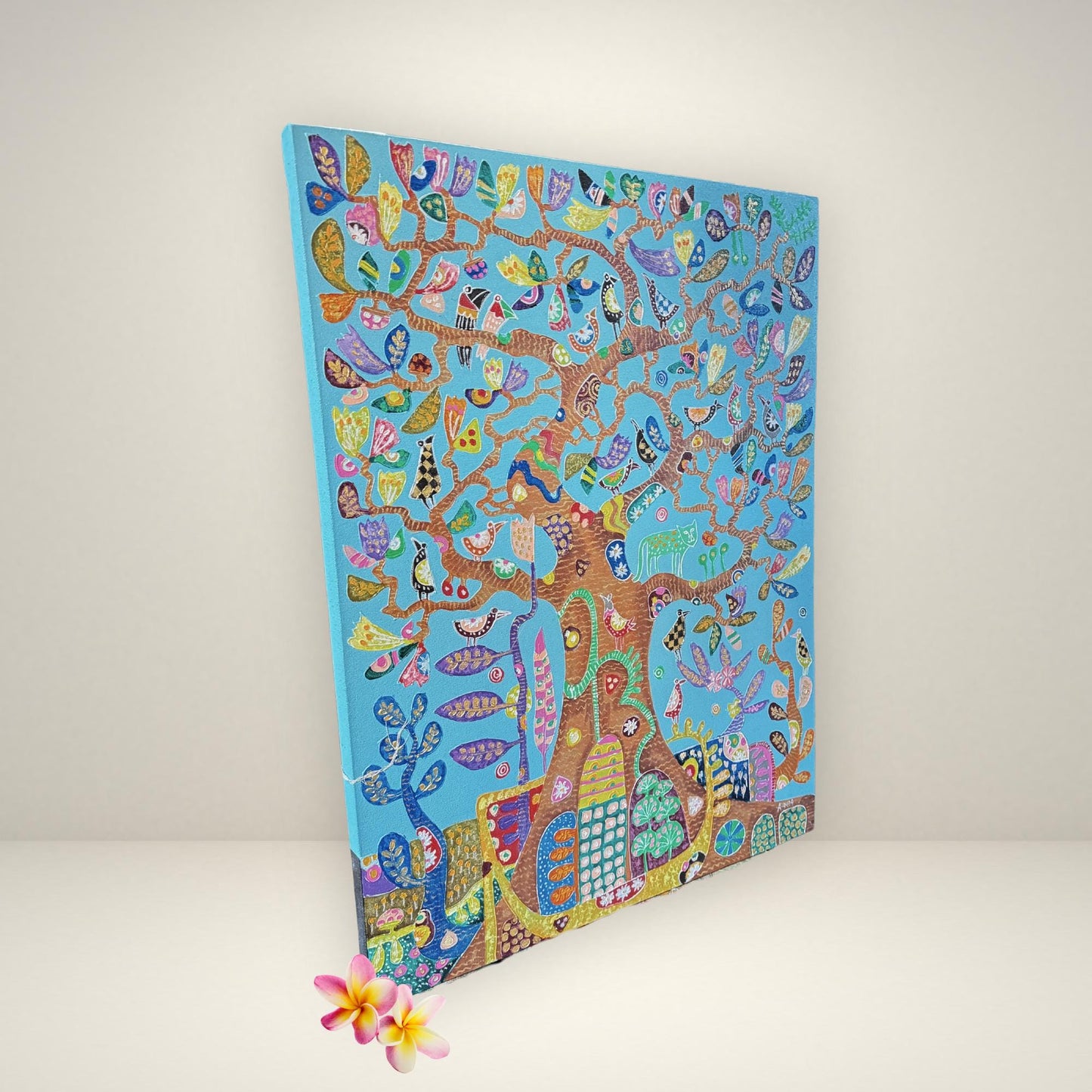 Tree of Life Fine art Painting acrylic on Canvas signed Agung Bali Wall Art Bohemian  Decor Blue - Acadia World Traders