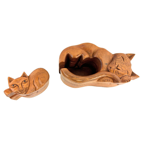 Mother Cat  and Kitten Secret puzzle Box Stash Trinket carved suar wood Bali Art