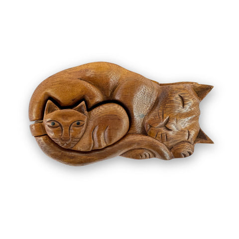 Mother Cat  and Kitten Secret puzzle Box Stash Trinket carved suar wood Bali Art