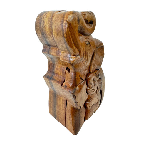 Mother Elephant and Baby Elephant Secret puzzle Box Stash Trinket carved suar wood Bali Art