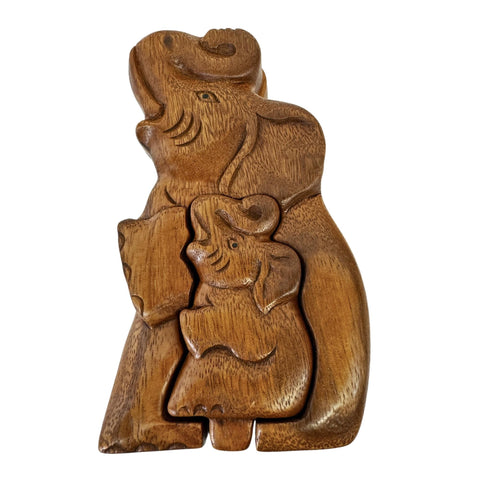 Mother Elephant and Baby Elephant Secret puzzle Box Stash Trinket carved suar wood Bali Art