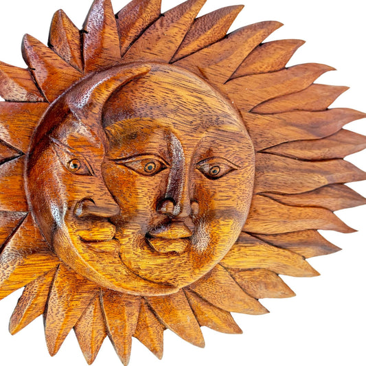 Wind Blown Sun & Moon Sunburst Celestial Wall Art Plaque Half MOON Carved hand carved wood Carving Bali Balinese folk art