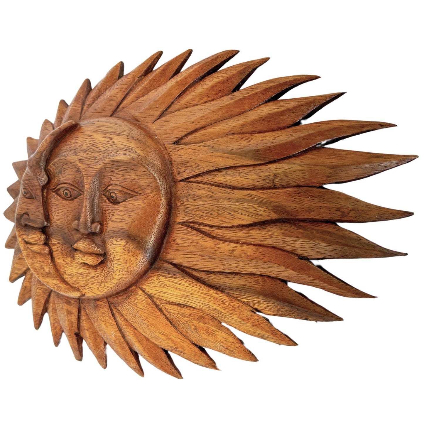 Wind Blown Sun & Moon Sunburst Celestial Wall Art Plaque Half MOON Carved hand carved wood Carving Bali Balinese folk art