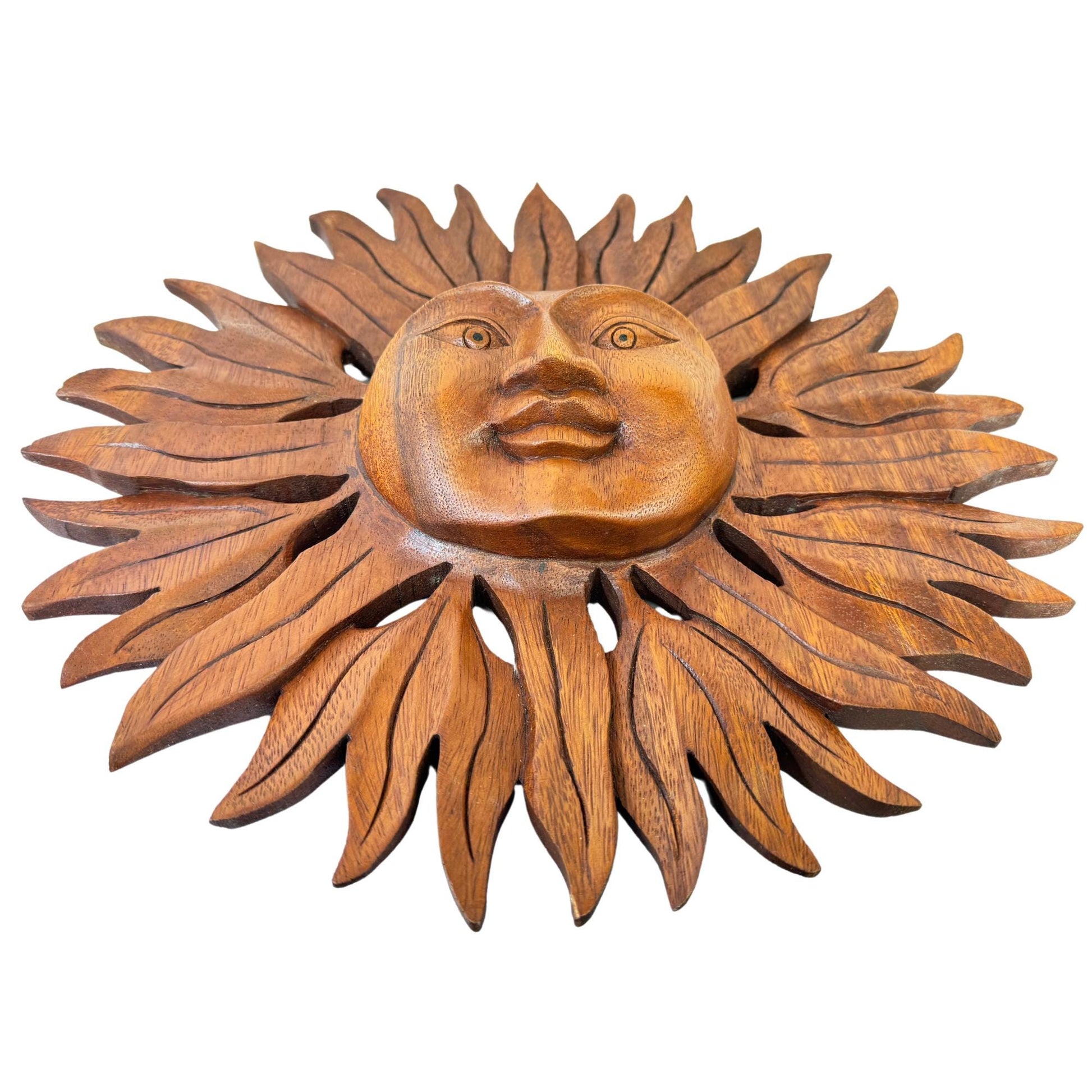 Sun Disc Sunburst Celestial Wall Art Plaque Carved hand carved natural wood Carving Bali Balinese folk art 14&quot; - Acadia World Traders