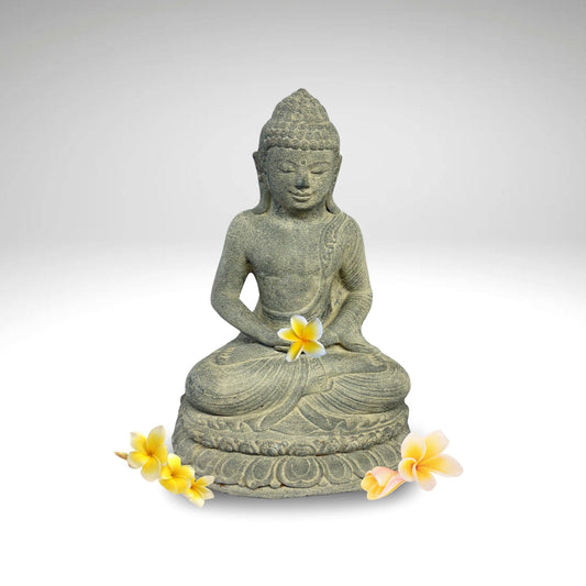 Dhyana Mudra Buddha Garden Statue Sculpture Lotus Pose Meditating Upon Padma Base Bali Art Cast Lava Stone Concrete - Acadia World Traders