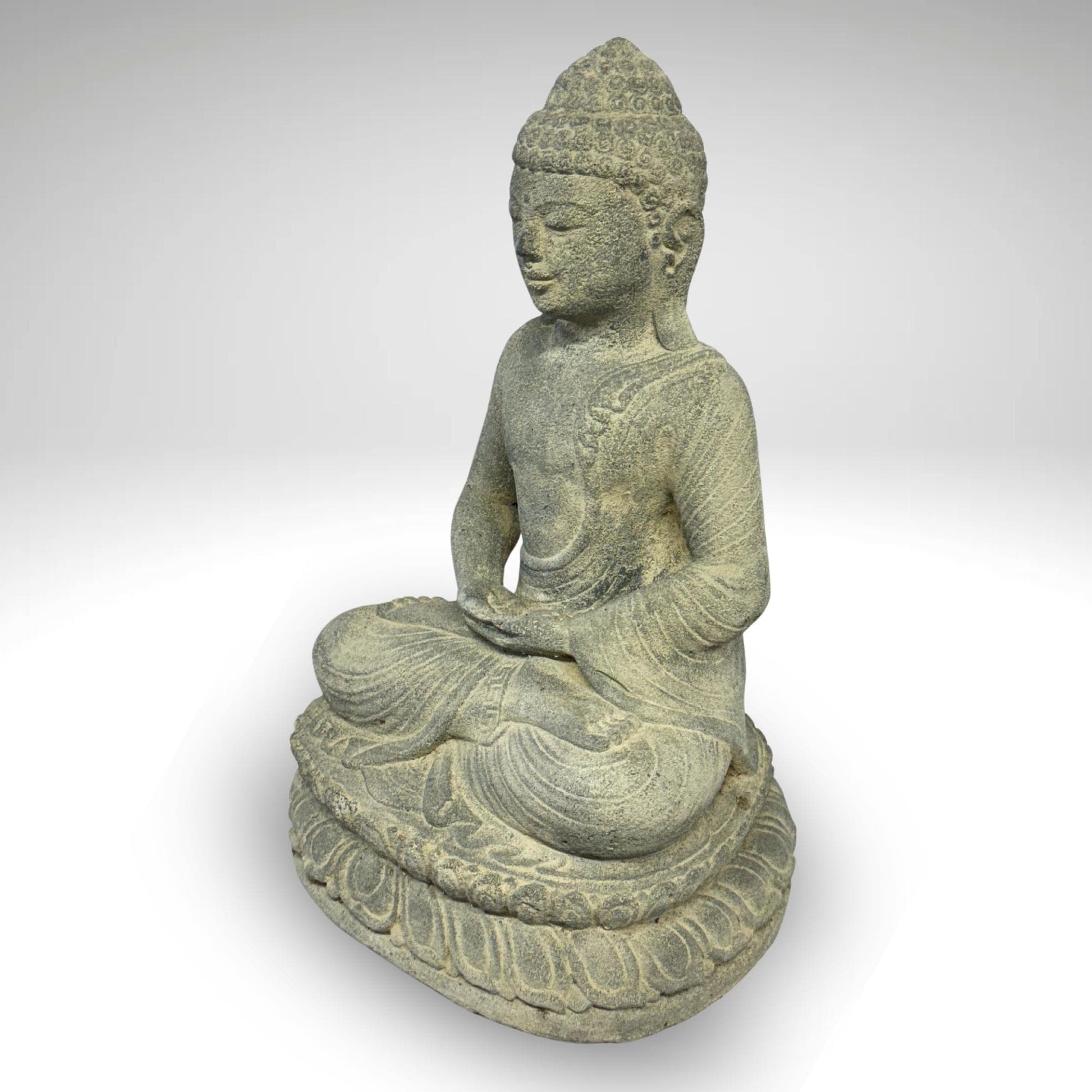 Dhyana Mudra Buddha Garden Statue Sculpture Lotus Pose Meditating Upon Padma Base Bali Art Cast Lava Stone Concrete - Acadia World Traders