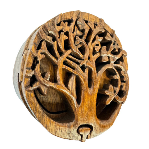 Balinese Tree of Life Secret puzzle Round Box Stash Trinket  jewelry gift box Hand carved suar wood Bali Art