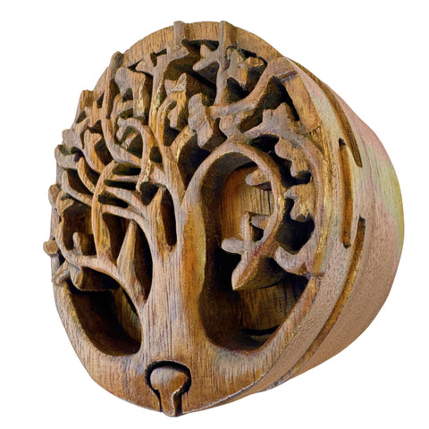 Balinese Tree of Life Secret puzzle Round Box Stash Trinket  jewelry gift box Hand carved suar wood Bali Art