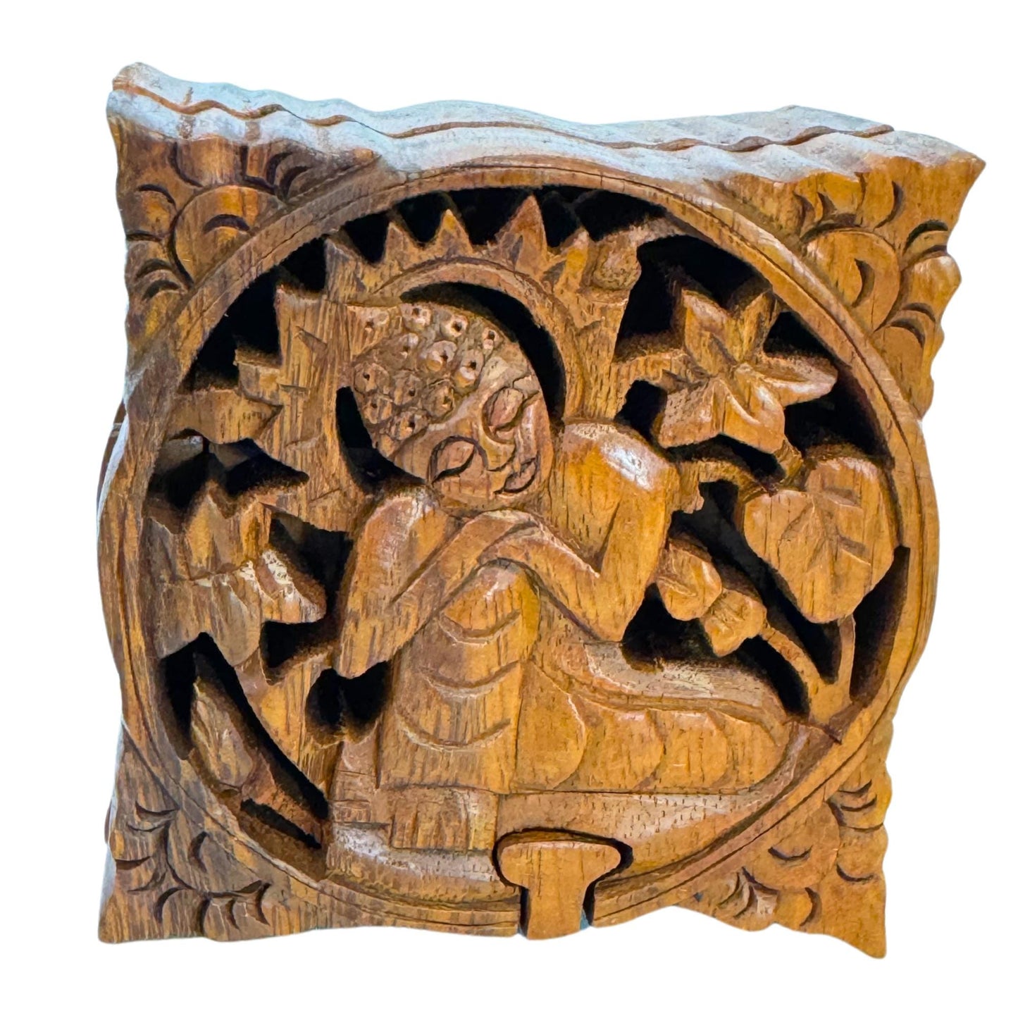 Thinking Buddha Wooden secret puzzle Jewelry Box Stash Box Gift Box Handmade Hand Carved Wood