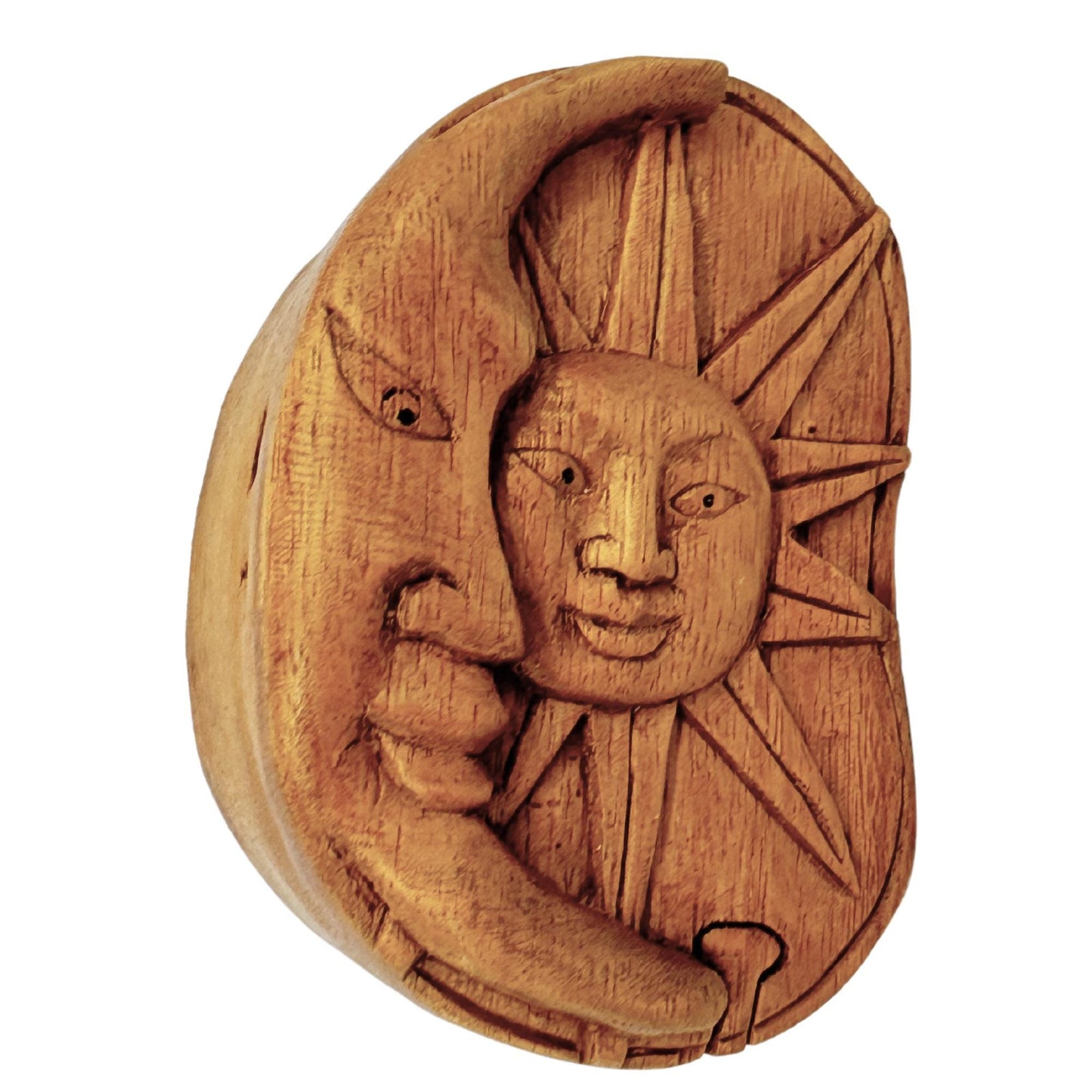 Celestial Sun & Moon Secret Puzzle Box Trinket Jewelry gift box Hand Carved wood wooden Stash box