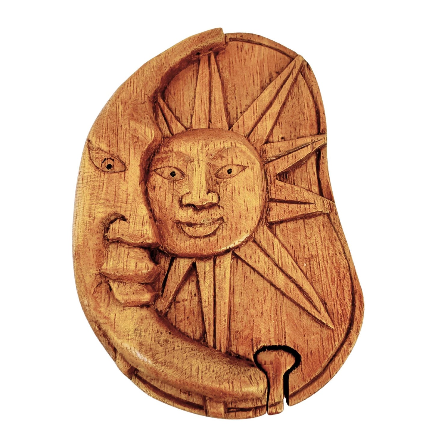 Celestial Sun & Moon Secret Puzzle Box Trinket Jewelry gift box Hand Carved wood wooden Stash box