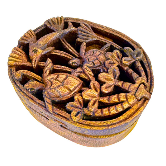 Sea Turtle Dolphin Under the Sea Secret Puzzle stash Box Trinket Box Jewelry Gift Box Hand Carved Wood Marine Life - Acadia World Traders