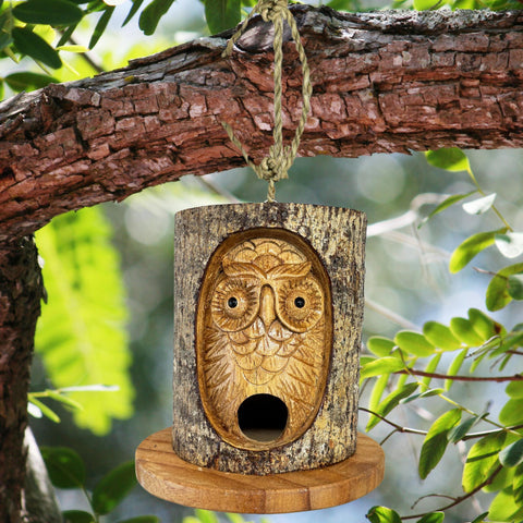 Owl Spirit Bird house Rustic Hand Carved Wood Carving Log Bird House Bali Yard Garden Art