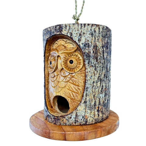 Owl Spirit Bird house Rustic Hand Carved Wood Carving Log Bird House Bali Yard Garden Art