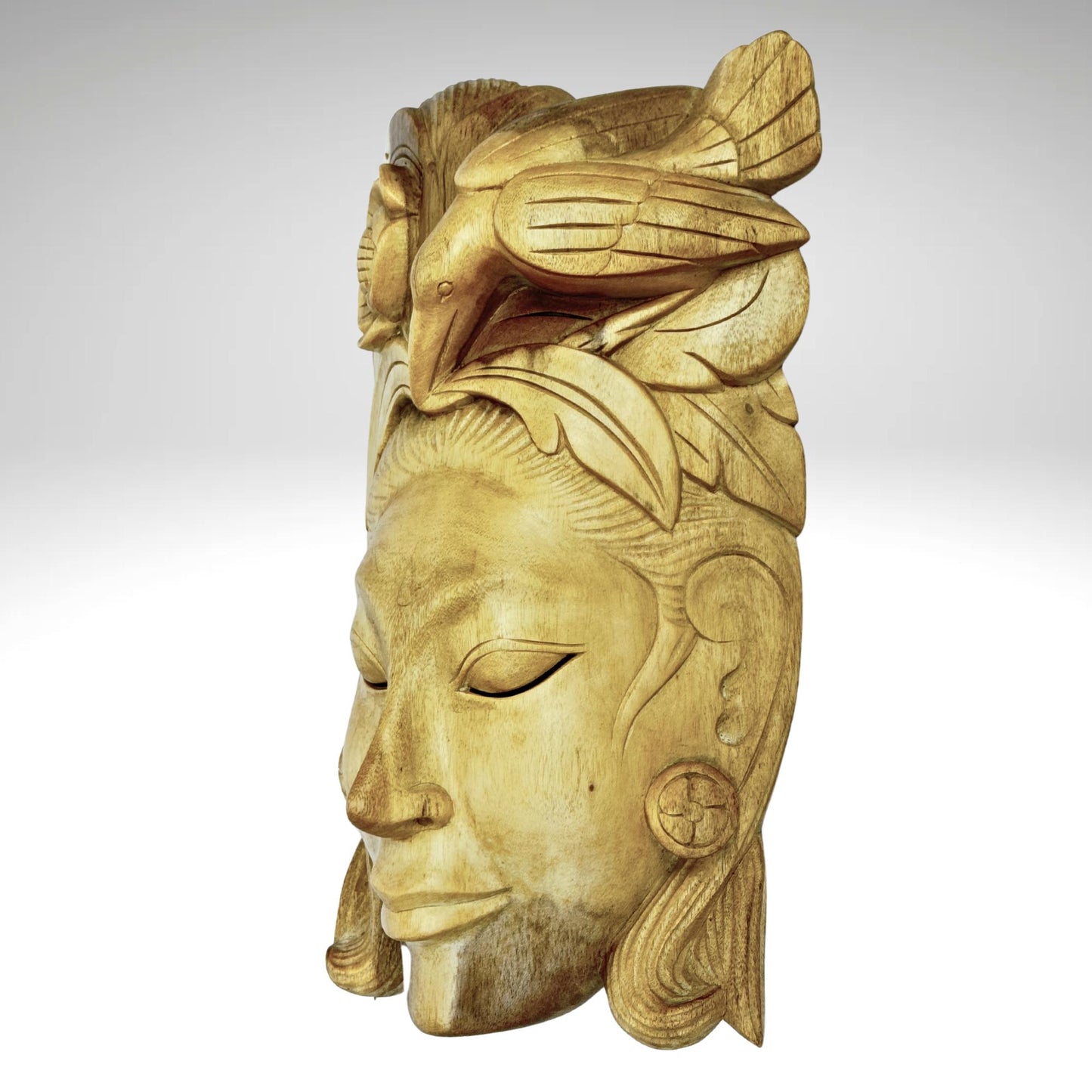 Balinese Mask Dewi Sri Bawang Forest Goddess Hand Carved Wood Carving Bali folk art wall decor - Acadia World Traders