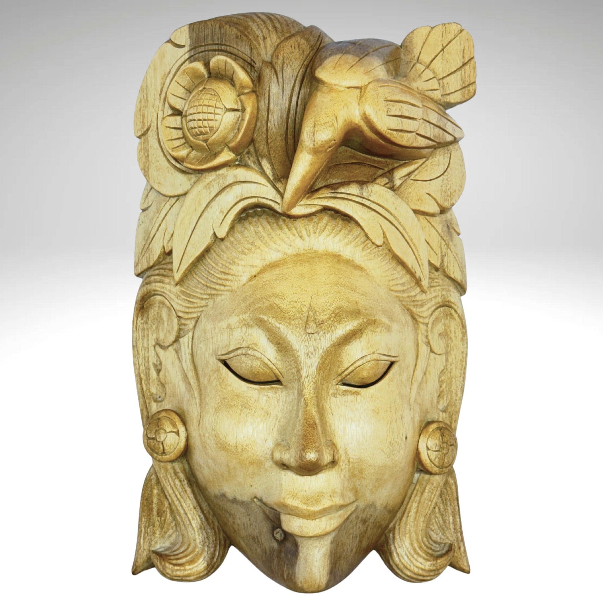 Balinese Mask Dewi Sri Bawang Forest Goddess Hand Carved Wood Carving Bali folk art wall decor - Acadia World Traders
