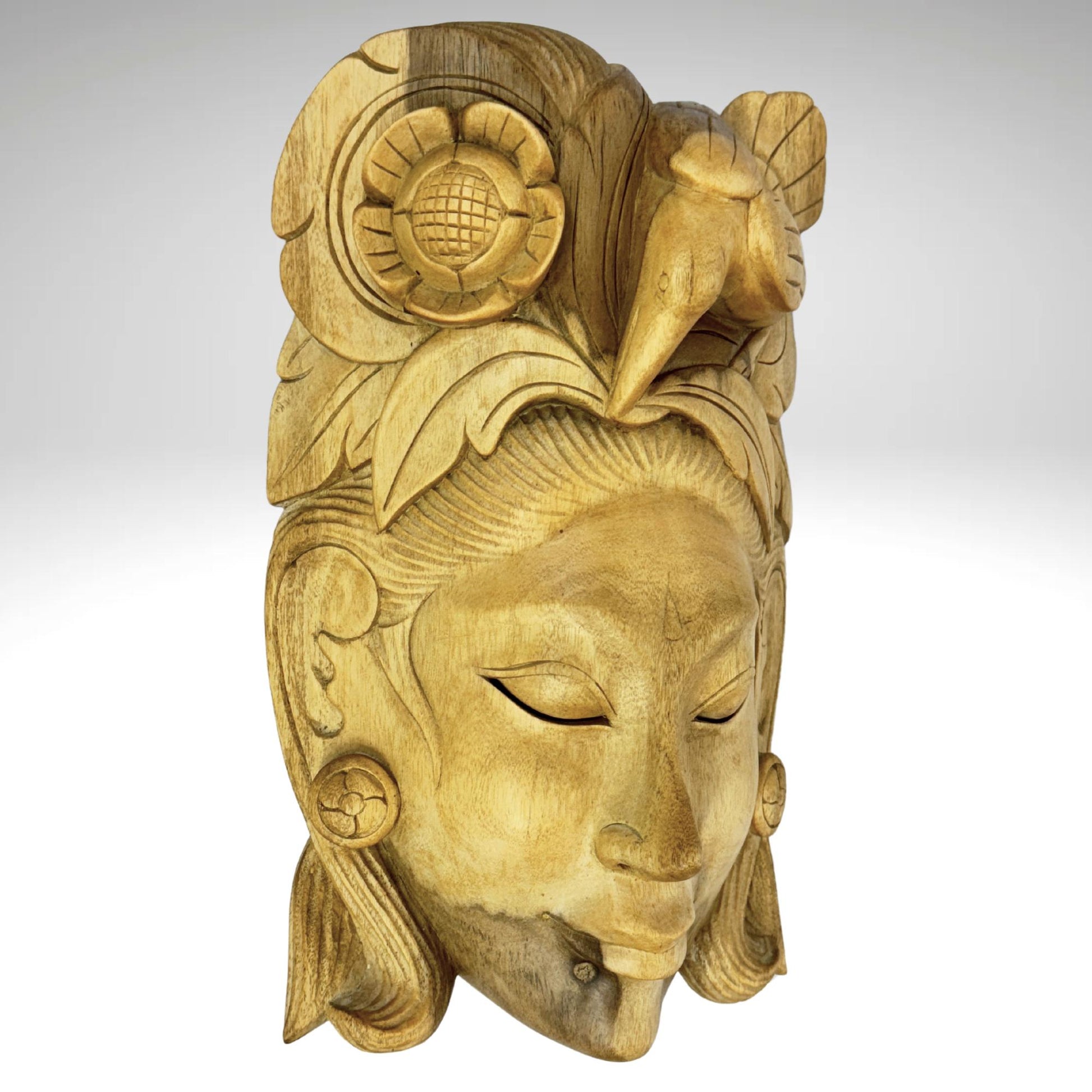 Balinese Mask Dewi Sri Bawang Forest Goddess Hand Carved Wood Carving Bali folk art wall decor - Acadia World Traders