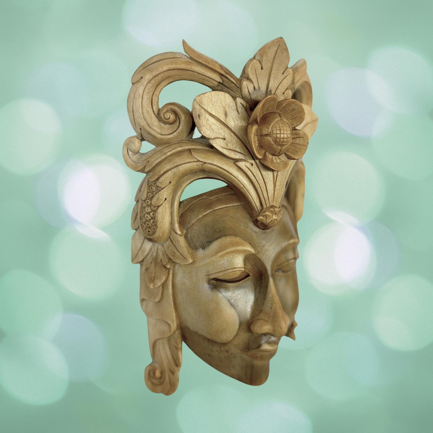 Balinese Mask Dewi Sri Fertility Goddess Hand Carved Wood Carving Bali folk art wall decor - Acadia World Traders